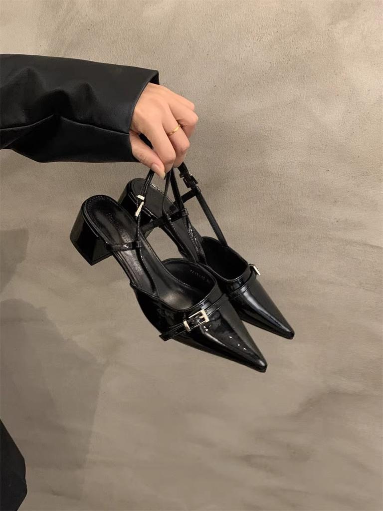 Thick heel shallow mouth bag head sandals empty women's shoes spring and summer 2025 new patent leather pointed middle heel with skirt single shoes