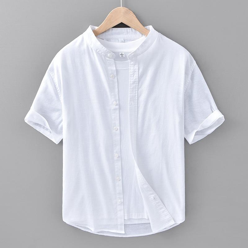 Solid Color Stand Collar Short Sleeve Shirts for Men Daily Summer Tops Casual Soft and Comfortable Cotton Linen Shirt Simple Style Men Clothing