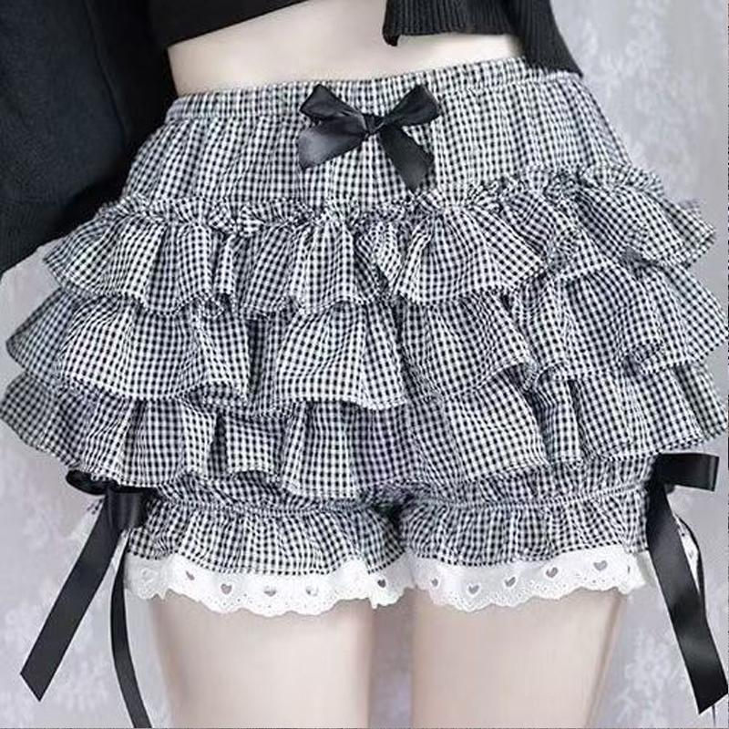 Pantaloncini Corti da Donna Bianchi e Neri con Volant Kawaii Fiocco in Pizzo Lolita Culotte Zucca Pantaloncini Sicurezza Carini Pantaloni Bloomers Vittoriani Vintage
