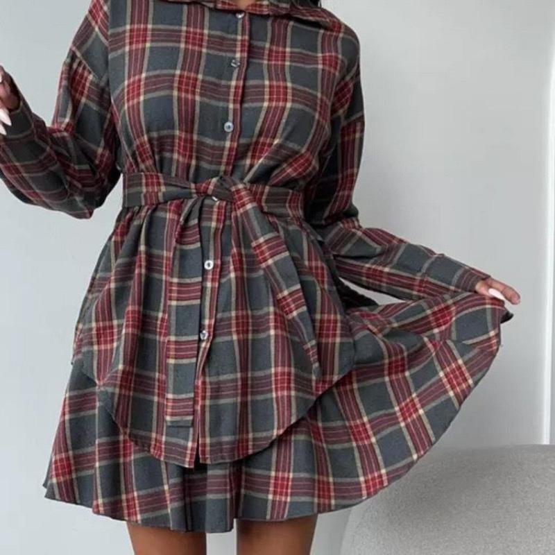 Damenmode Lässiger Karorock Revers Loses Hemd Träger Faltenrock Zweiteiliges Set