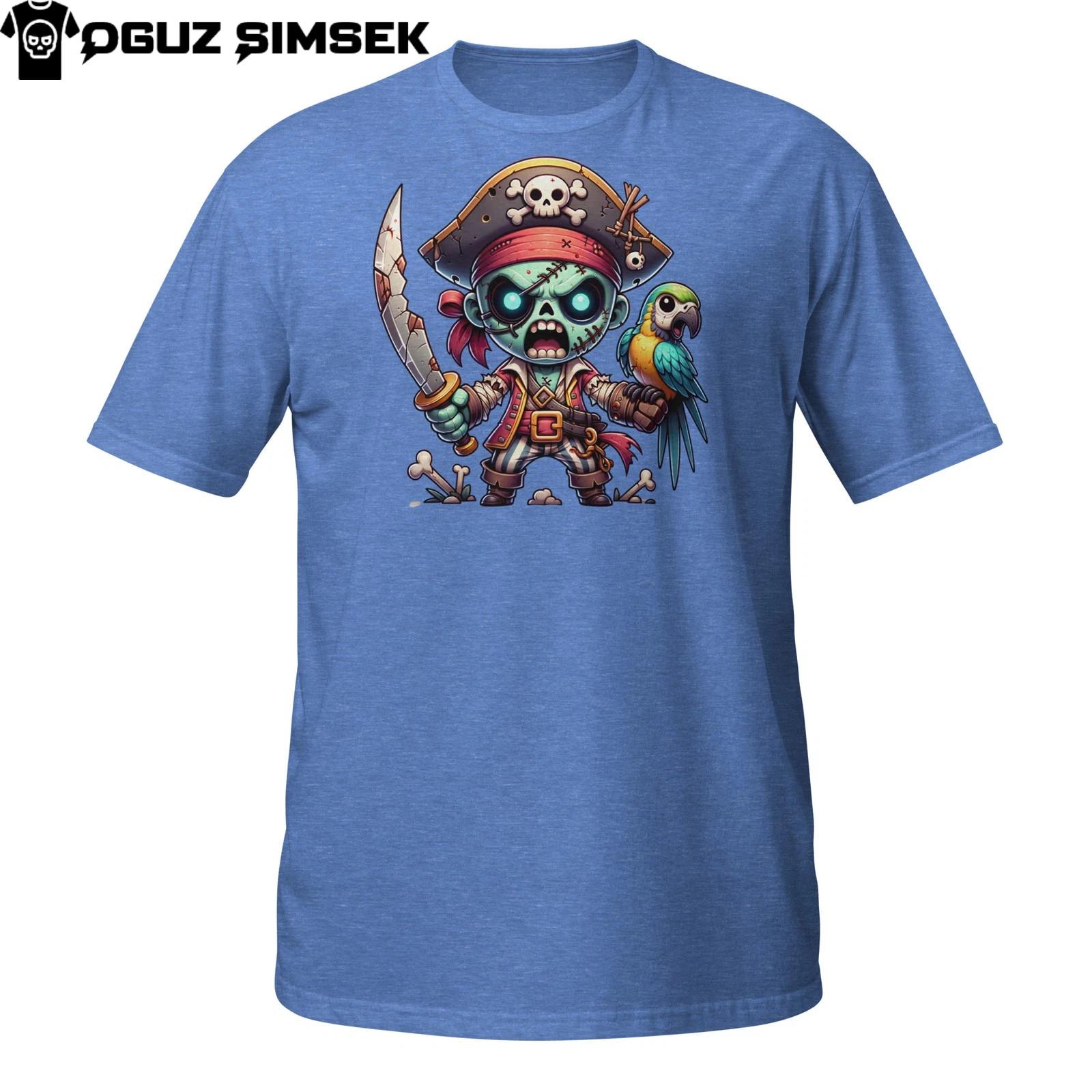 Halloween Pirate Zombie T-Shirt Mens Womens Tees Top – Chibi Skeleton Pirate with Sword and Bird 3XL