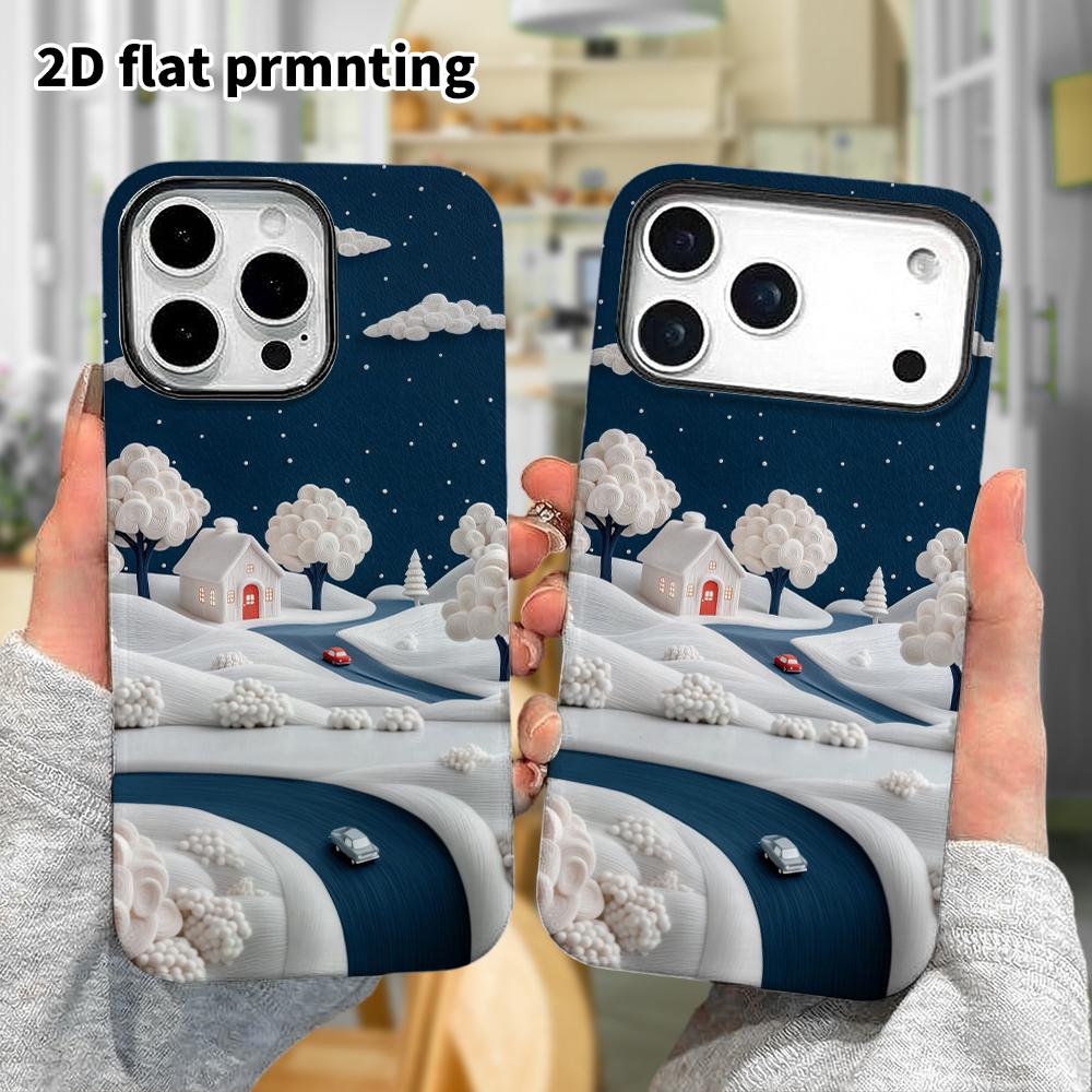 Phone Case: 2D Flat Design Suitable for iPhone 18, 17, 16, 15, 14, 13 Pro Film Protective Case, Couple Style, Winter Night Village, Christmas and Hall