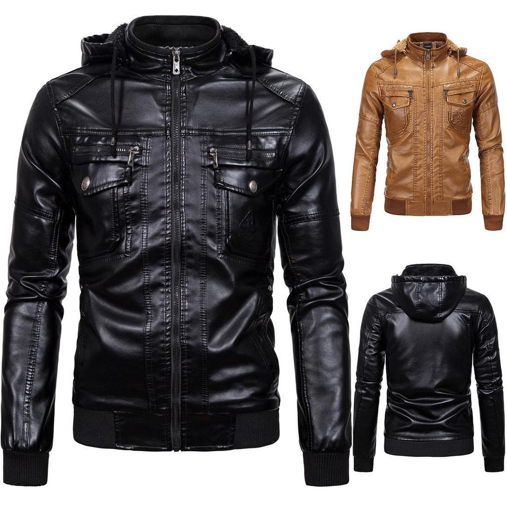 Padded Leather Jacket Men's Winter Thickening Warm Removable Cap Pu Jacket Biker Jacket