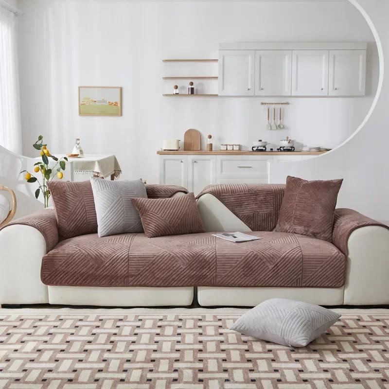 Winter Thickened Plush Sofa Mat Dust Proof Anti Slip Sofa Cover Solid Color Geometric Stripes Couch Cushion Suture Sofa Cushion