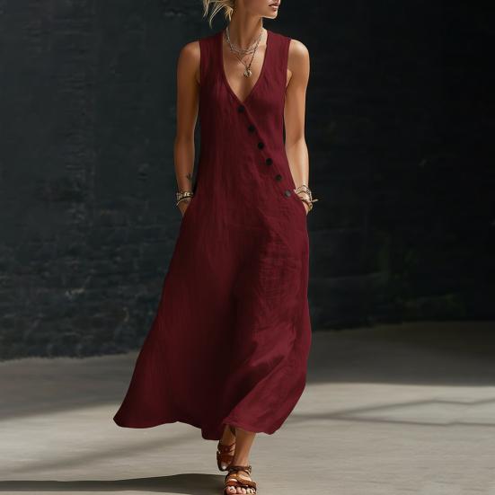 Vestidos Maxi de Verano para Mujer Casual sin Mangas Cuello en V Vestido de Playa Suelto de Tirantes con Botones y Bolsillos