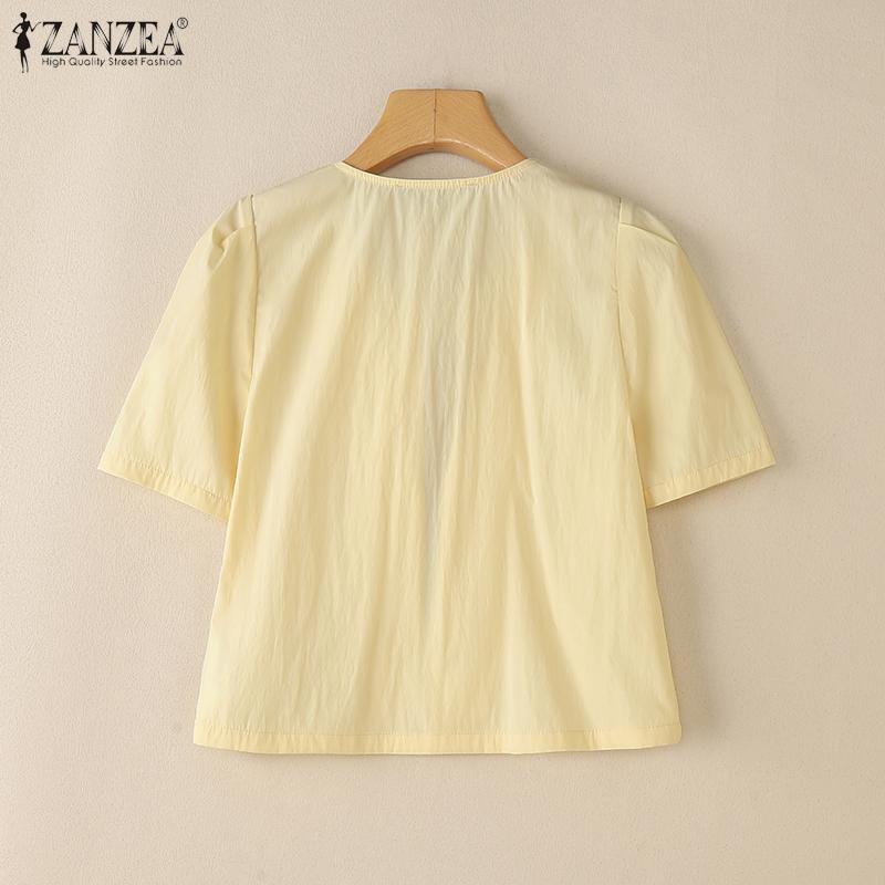 ZANZEA Women Summer Lace Up O-neck Casual Short Sleeve Cover Up Cropped Blouse