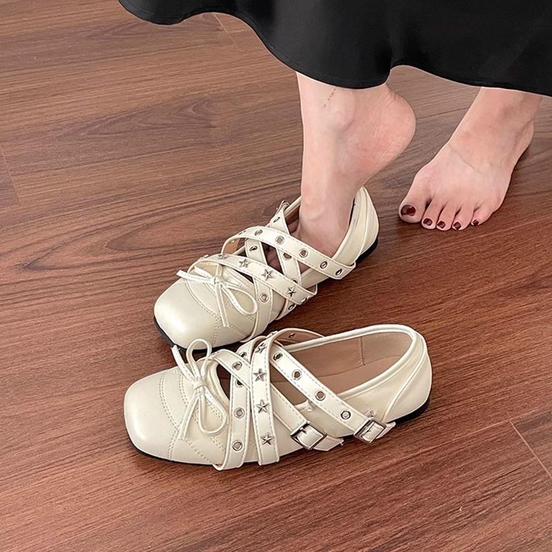 Retro bow shallow mouth single shoes 2025 summer new flat cross belt Mary Jane shoes women's rivet ballet shoes