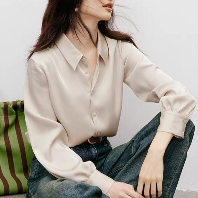 

Весна и лето Новая женская атласная рубашка с длинным рукавом элегантная XL золотой