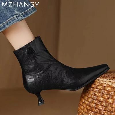 Mode Damen Leder Stiefeletten Sexy Spitzschuh Mittelhohe Absätze Schuhe Frau 2025 Trend Mode Winter Chelsea Boots Neue Pumps Mujer Botas