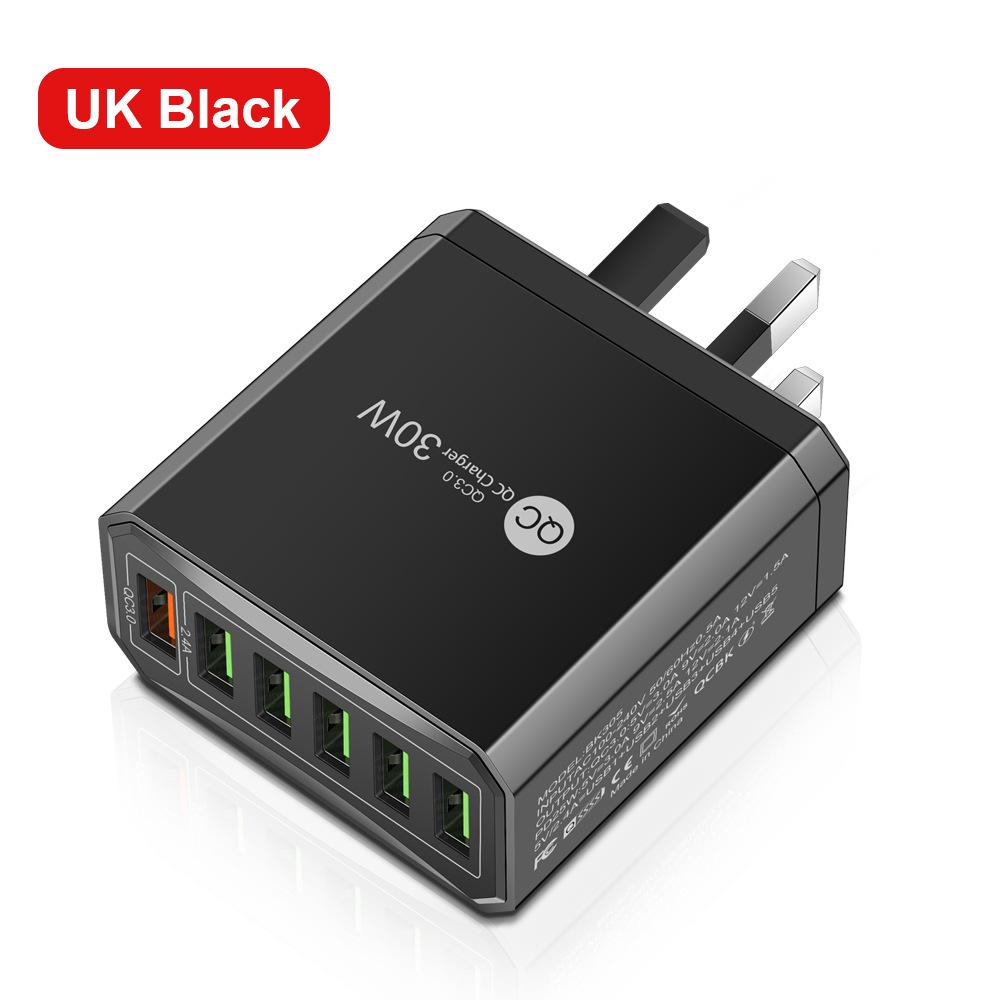 30W 6-Port QC3.0 Fast Charger with EU, US, UK, Korean Plugs