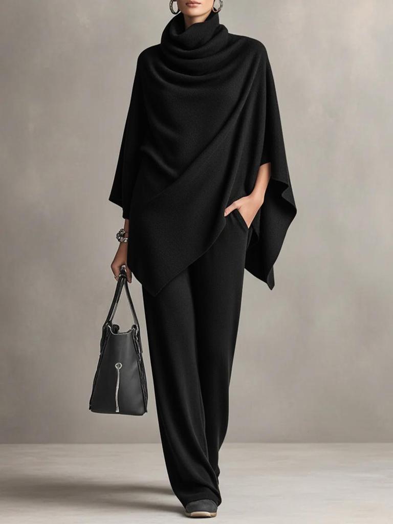 European & American Women's Fall/Winter Fleece Stand-up Collar Cape and Wide-leg Pants Set