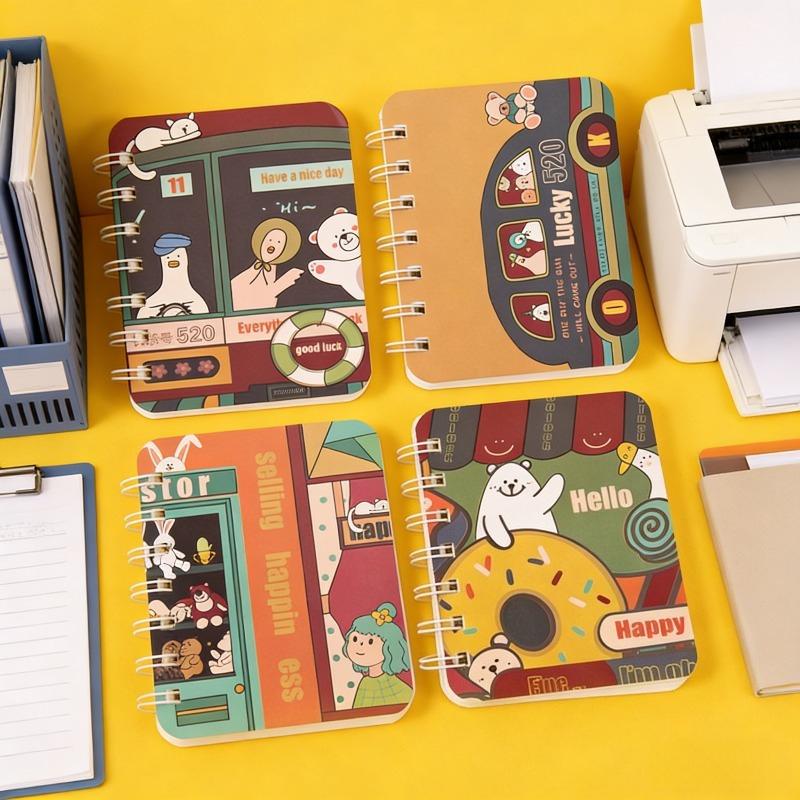2Pcs Happy Bus Pattern Cartoon A7 Coil Book Pocket Mini Notebook Diary Portable Office Notepad Daily Weekly Planner School Supplies Holiday Gift