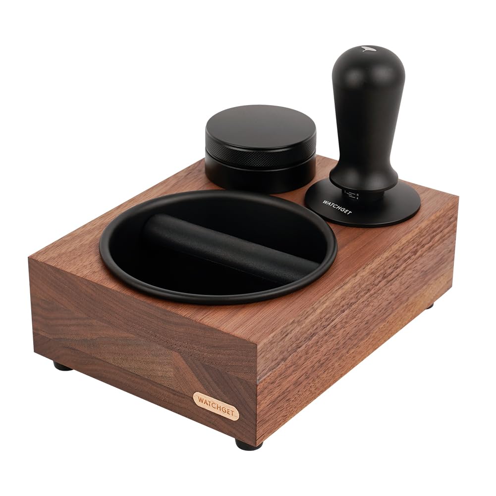 Watchget Knock Box, Espresso Knock Box, Knock Box Tamper and Distributor Stand, 3-in-1 Storage, Fits 51535458mm, Walnut Coffee Knock Box, Coffee
