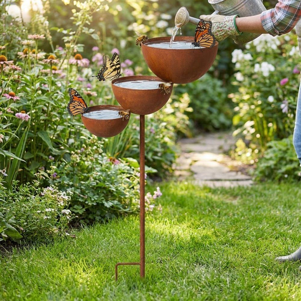 Vintage Iron 3-Tier Metal Bird Bath Ground Stakes Bird Water Dispenser Lawn Decor