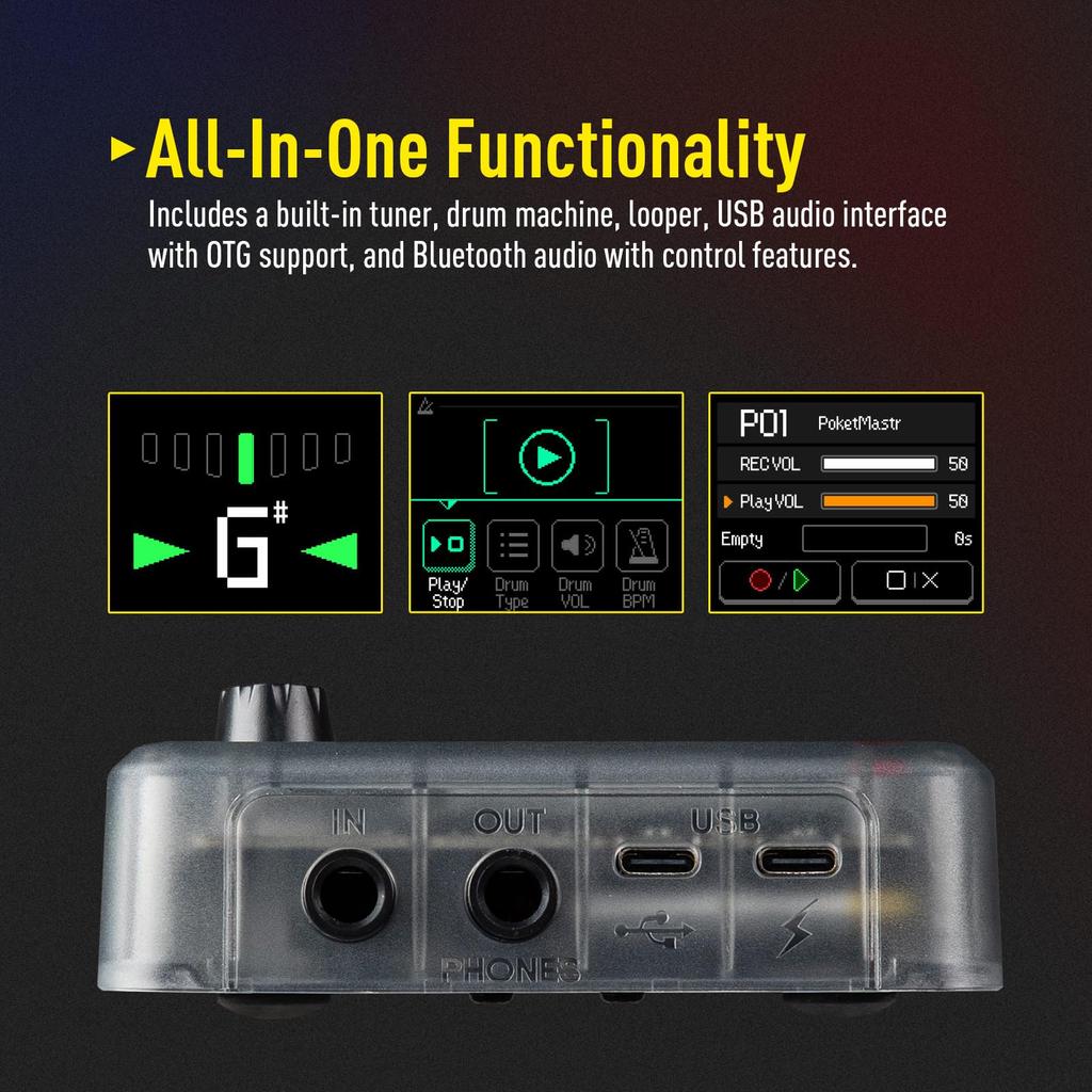 SONICAKE Pocket Master Guitar and Bass Amp Modeling IR Cabinet Simulation Multi-Effects Stereo OTG USB Audio Interface BT Audio 1.75-inch LCD Color