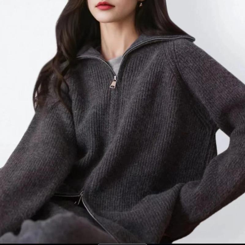 New solid color pit strip double zipper design sense shoulder long sleeve knitted jacket women solid color simple sweater women