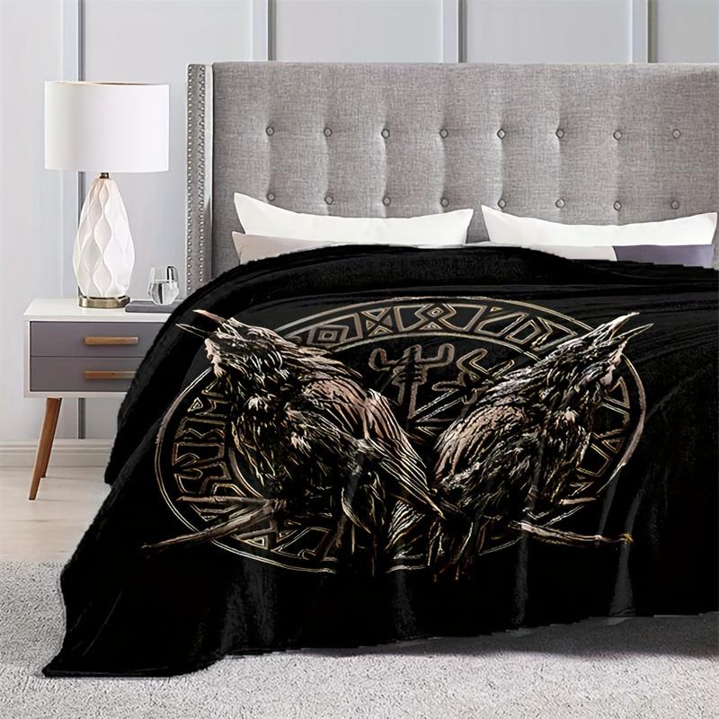 Viking Crow Flannel Blanket ,Vintage Black Throw ,Soft Multi,Functional ,Perfect for Office Camping Travel ,Cool Biker Gift