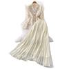 Women's suit temperament heavy industry embroidered bead lace V-neck metal buckle shirt waist pendulum pleated long skirt two-piece set