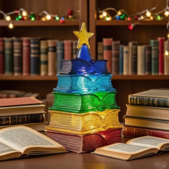 Colorful Book Lamp Stacked Tomes Christmas Tree Night Light Warm LED Lights Bedside Lamp for Holiday Decor Book Lovers Xmas Gift