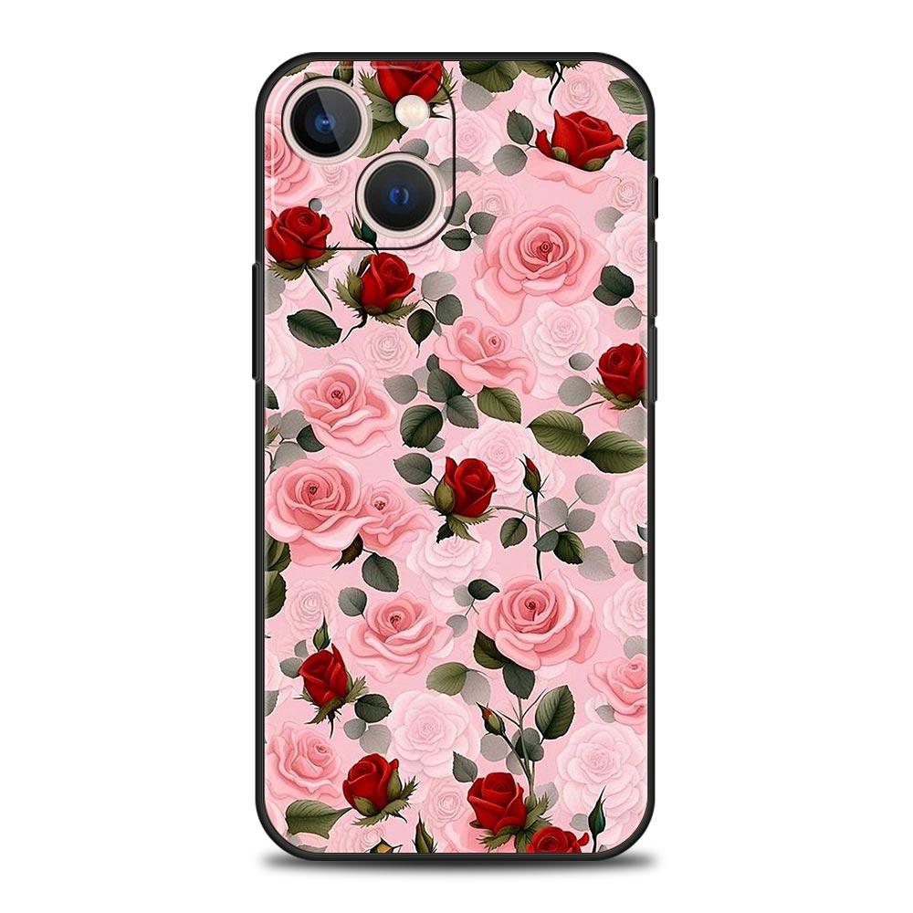 Luxury Phone Case For Apple iPhone 11 15 14 Pro MAX 12 13 7 8 Plus X XR XS MAX SE Black Cover Funda Beautiful Red Rose Flowers