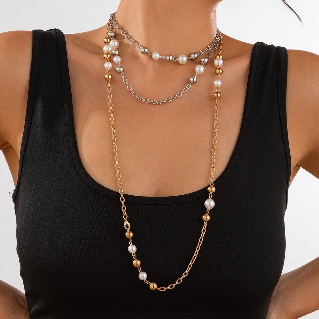 Premium Fembladig Blomma Pärla Staplad Långt Halsband Temperament Slingrande Kedja Blomma Halsband Smycken Tröjkedja