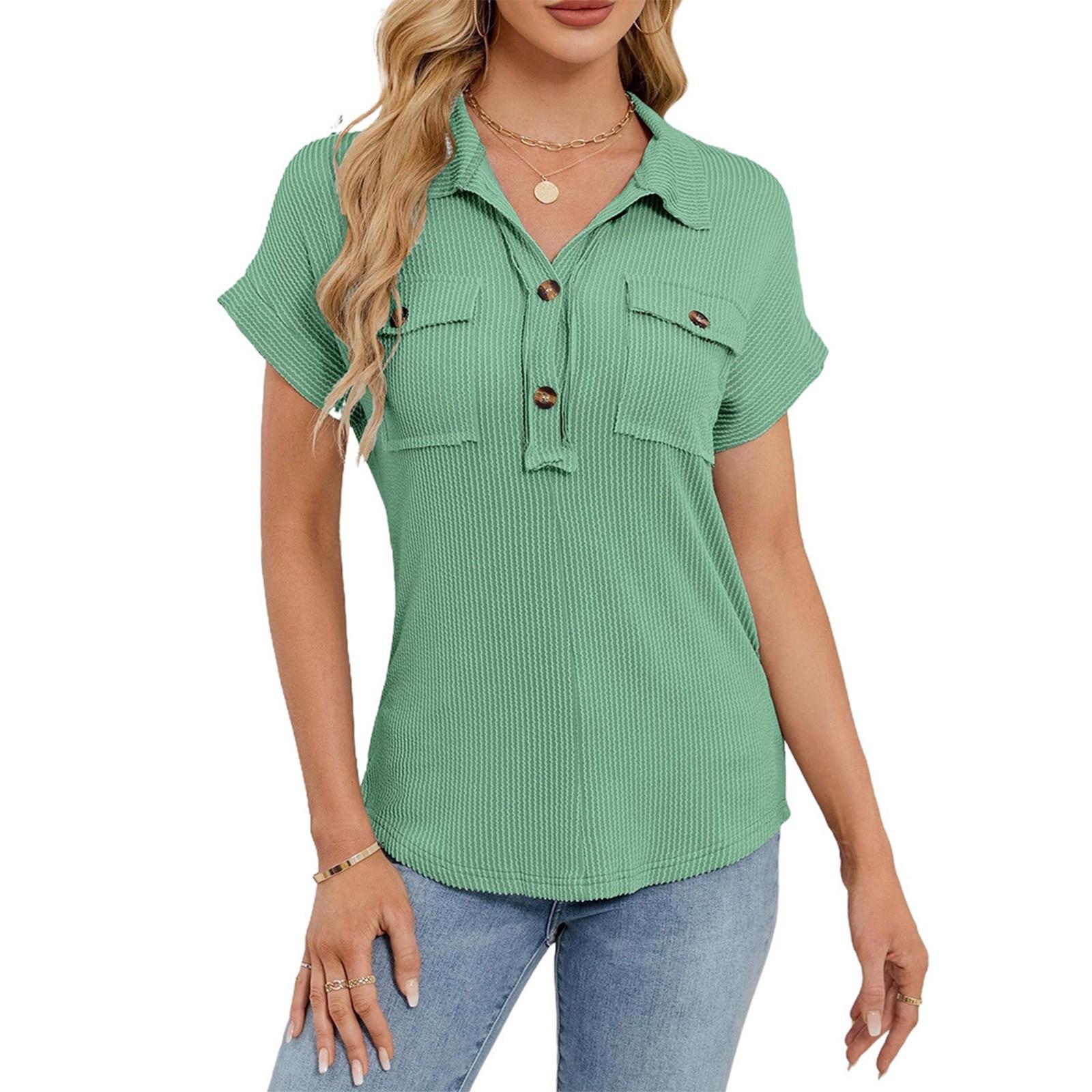 

Жіноча мода Однотонний пуловер з лацканами та кишенею з коротким рукавом Повсякденна футболка Топ XL зелений