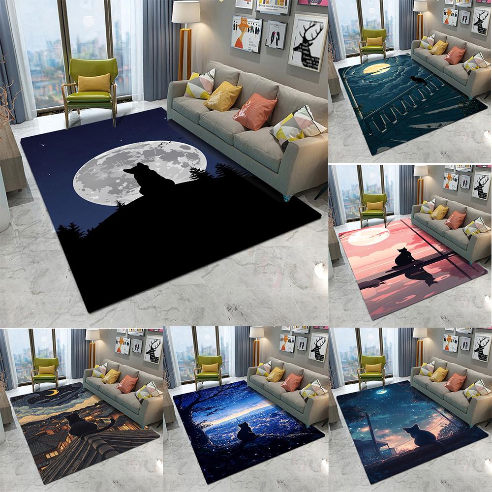 Night Scene Themed Carpet With Moon Cat Patterns Artistic Illustration Style Dreamy Elegant Non Slip Rug For Living Room Bedroom