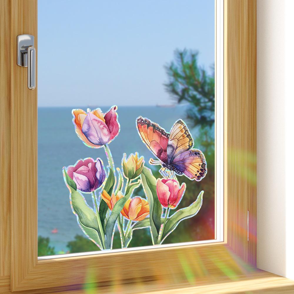 Colorful Tulip Butterfly Home Balcony Glass Door and Window Background Beautification and Decoration Window Stickers