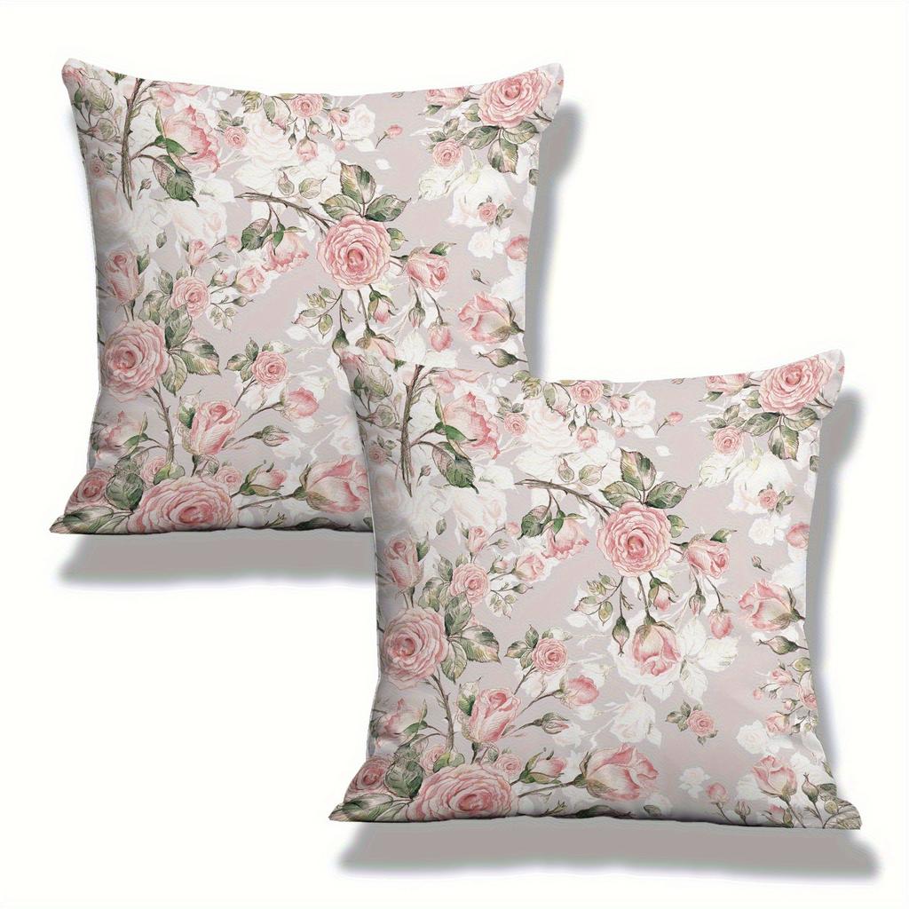 1Pc Pink Rose Floral Pillow Cover, Polyester 2D Double Sided Print Cushion Case, Romantic Watercolor Flower Throw Pillowcase, Sw