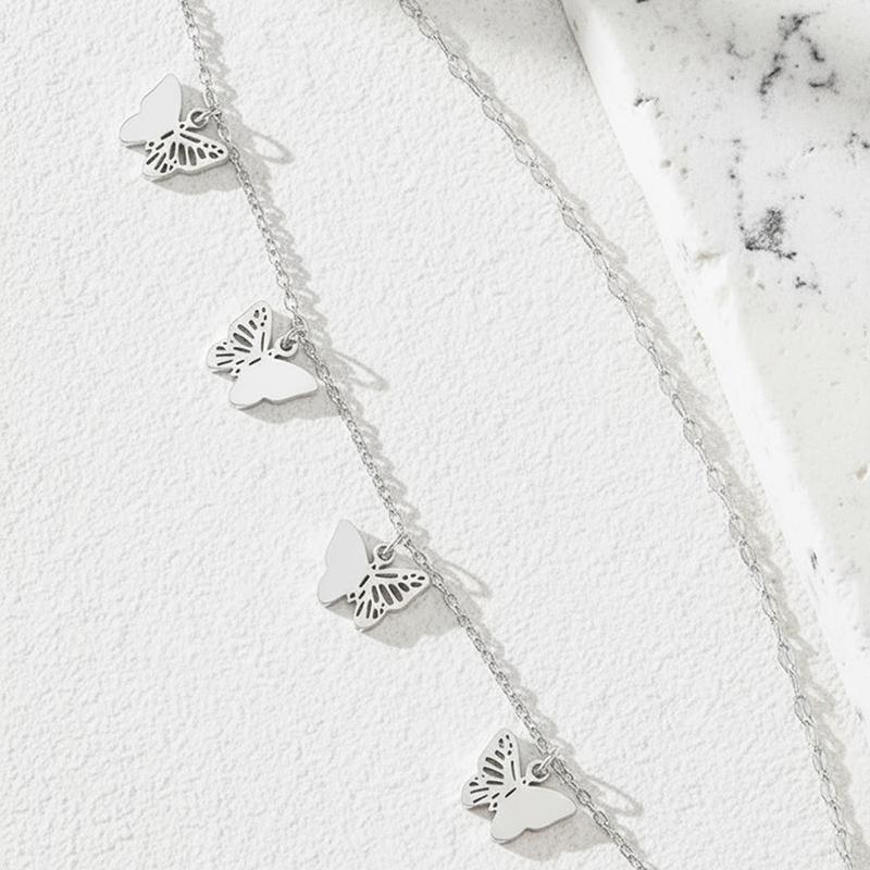 Stainless Steel Hollow Butterfly Pendant Anklet for Women Simple Gold Insect Double-Layer Foot Chain Beach Jewelry