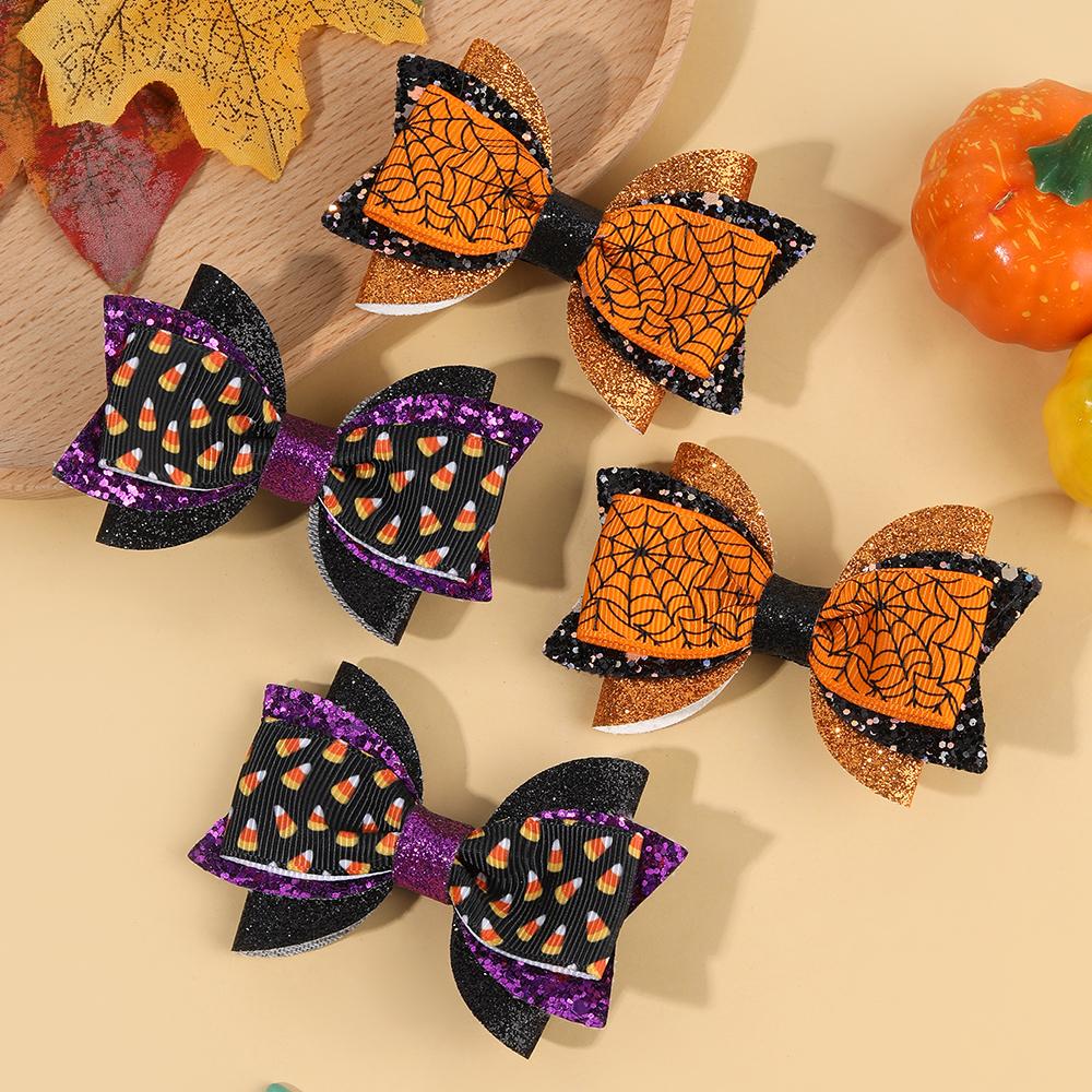 2/4 Stück Halloween Schleifen Haarspangen Set Spinnennetz Maisdruck Haarnadeln Glitzer Pailletten Schleife Haarklammer für Mädchen Kinder Accessoires