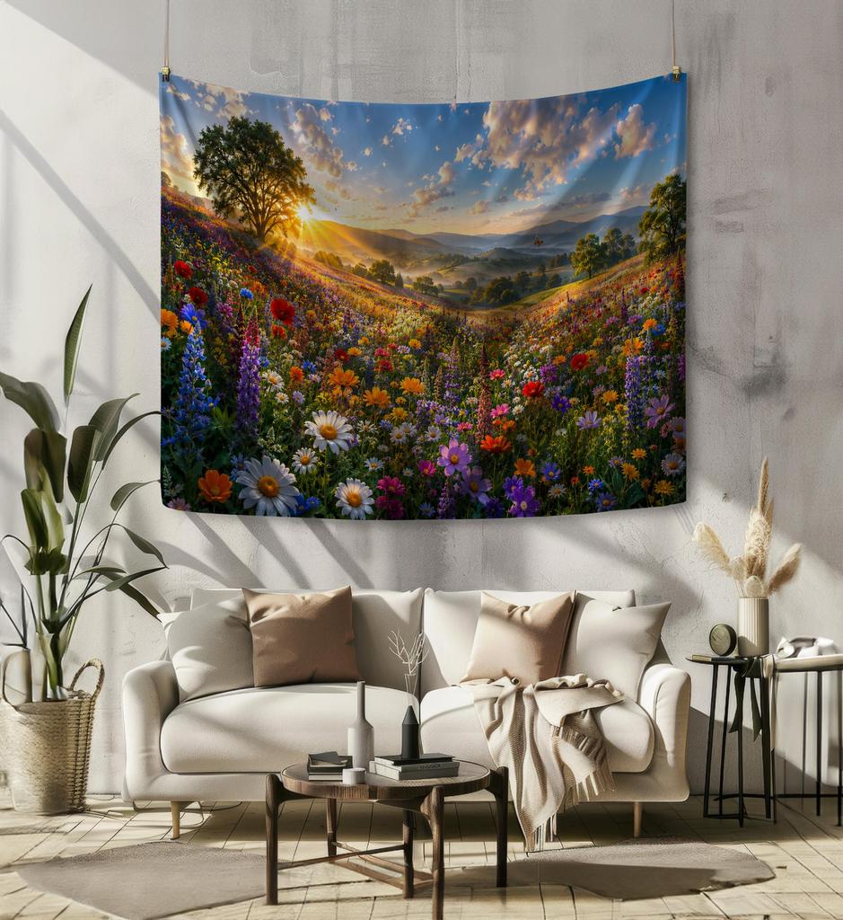 Wildflower Meadow Tapestry Colorful Flower Field Wall Hanging Mountain Sunset Landscape Cottagecore Nature Wall Decor