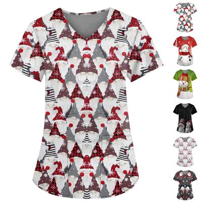 Women's Fashion V-neck Short Sleeve Workwear With Pockets Christmas Printed Tops