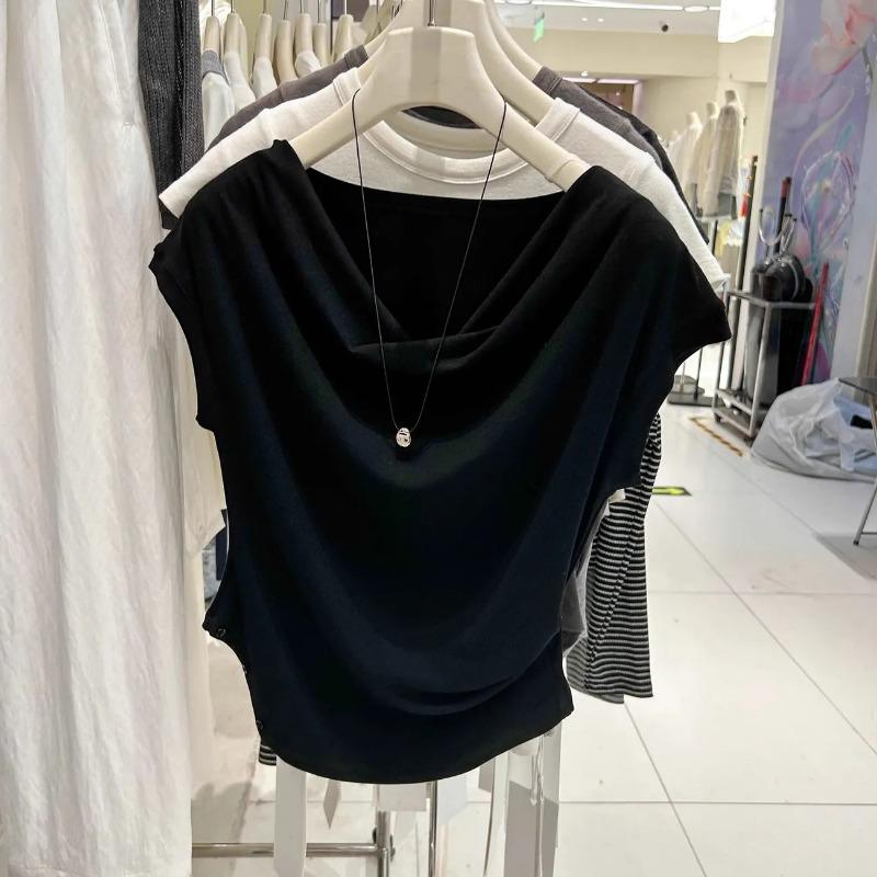 Sommer Damen Schalkragen Ärmellos Raffung Enganliegend Freizeit T-Shirt