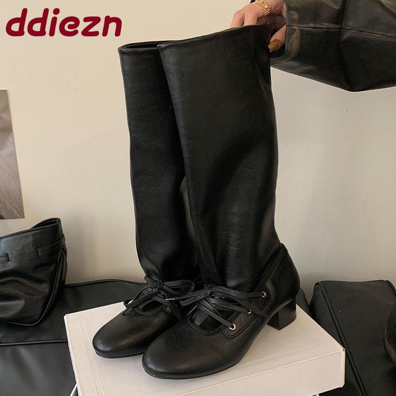 Fashion Female Round Toe Women Knee High Boots With Square Heels Shoes Fashion Lace Up Ladies Modern Long Boots Shoes Pumps