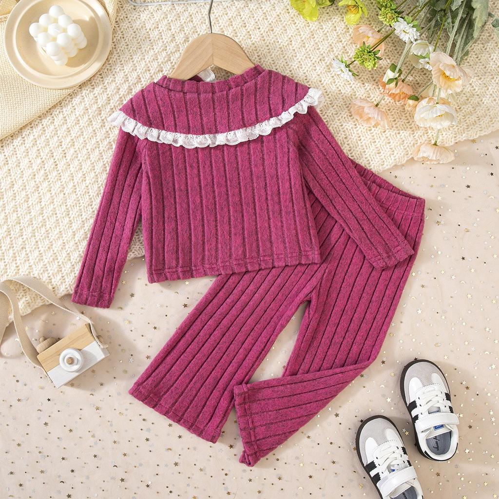 Girls' Autumn and Winter Knitted High Neck Lace Edge Patchwork Top+contrasting Pants Set, A Must-have for Casual and Versatile Outdoor Wear