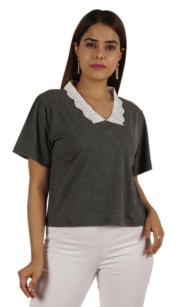 Moomaya Dámský top s krajkovým límečkem Petra Pana, hladký žerzejový krátký ležérní T-shirt