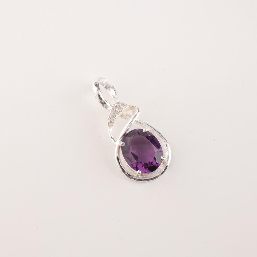 Natural Amethyst Gemstone 925 Sterling Silver Boho Jewelry Zircon Pendant 1.22" CZP-13-1