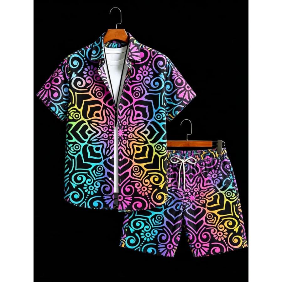 Heren Stam Mandala Print Korte Mouw Shirt en Korte Broek Set, Vintage Vakantiestijl M blue