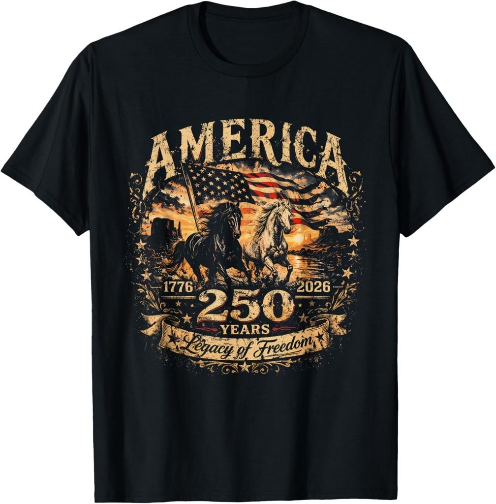 America 250 Years Legacy of Freedom Patriotic Horse USA Flag T-Shirt