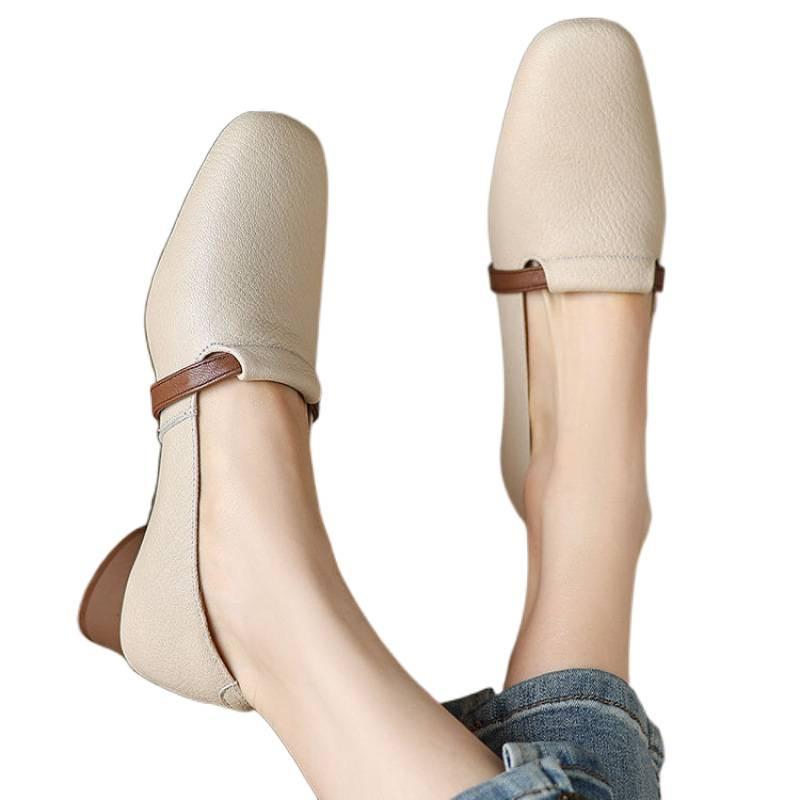 Sheepskin white square head loafers women's summer British small leather shoes low heel single shoes Doudou grandma ladyshoes soft sole