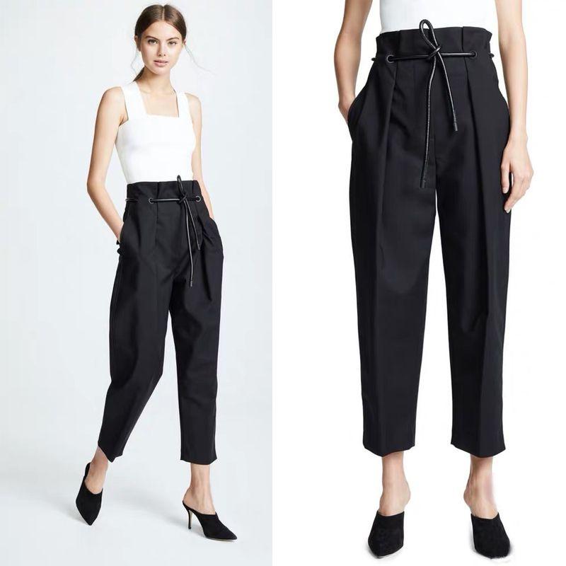 

European and American Socialite Fashionable Pants for Summer Show Thin Black Black Cropped Pants with Fine Leather Round Belt S