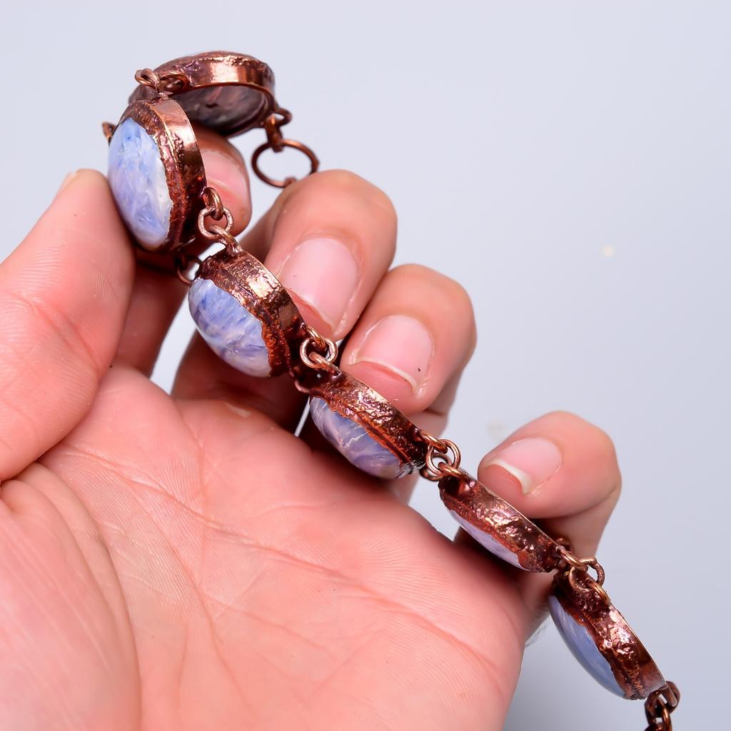 Oval Blue Kyanite Stone Copper Statement Anniversary Gift Electroformed Bracelet V-74