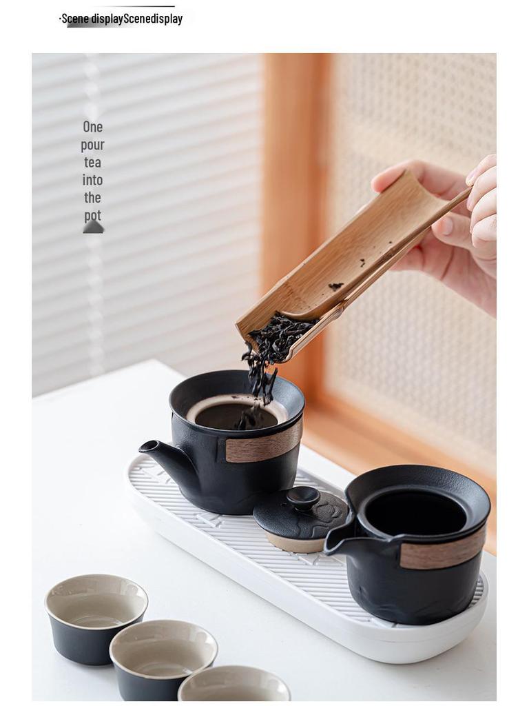 Elegant Portable Ceramic Tea Set with Wooden Tray: 1 Teapot & 4 Cups for Outdoor Adventures