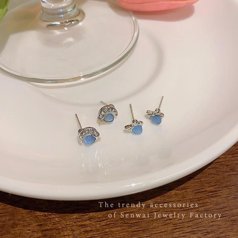 Silver Needle Blue Opal Moon Stud Earrings Female Unique