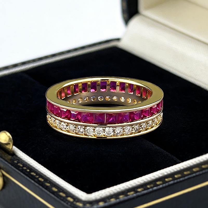 

Luoxi Temple Jewelry: S925 Sterling Silver Double Row Ring with Square Red Gemstone & Pave Diamonds Design. Size 8
