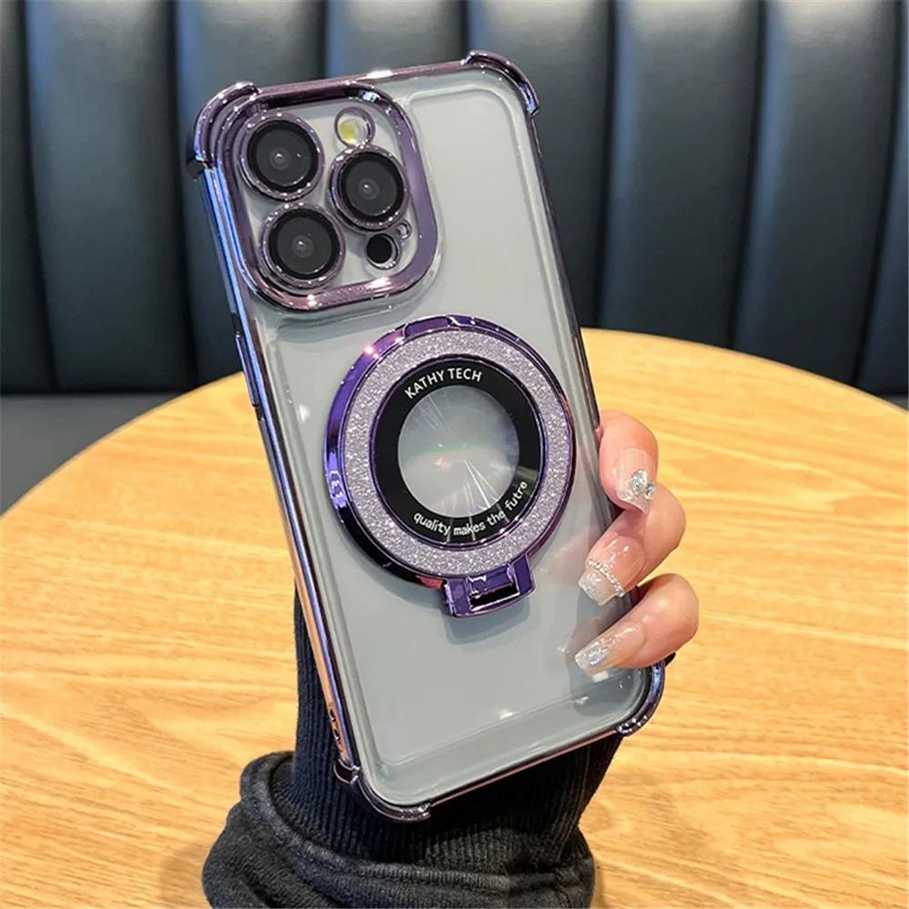 Shockproof Transparent Plating Glitter Stand Holder Case For Samsung S25 S24 S23 S22 Plus S21 Ultra Soft Silicon Bumper Cover