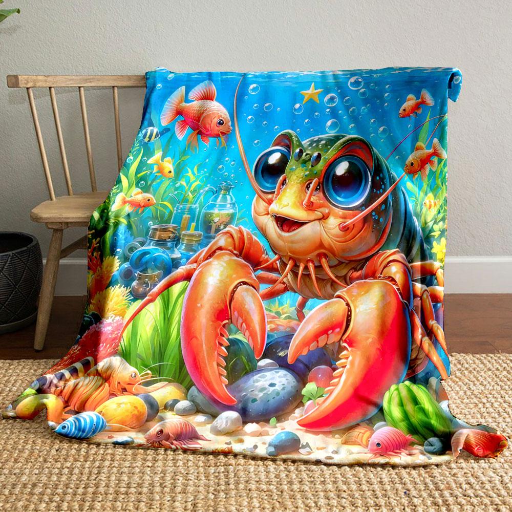 Cheerful Lobster Underwater Scene Patterned blanket, flannel, suitable for all seasons, home decor, warm and cozy