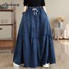 Plus Size Autumn Spring Women Maxi Long Skirt High Waist Drawstring Oversized Blue Denim Skirt Stylish Baggy Classical Ladies' Skirt