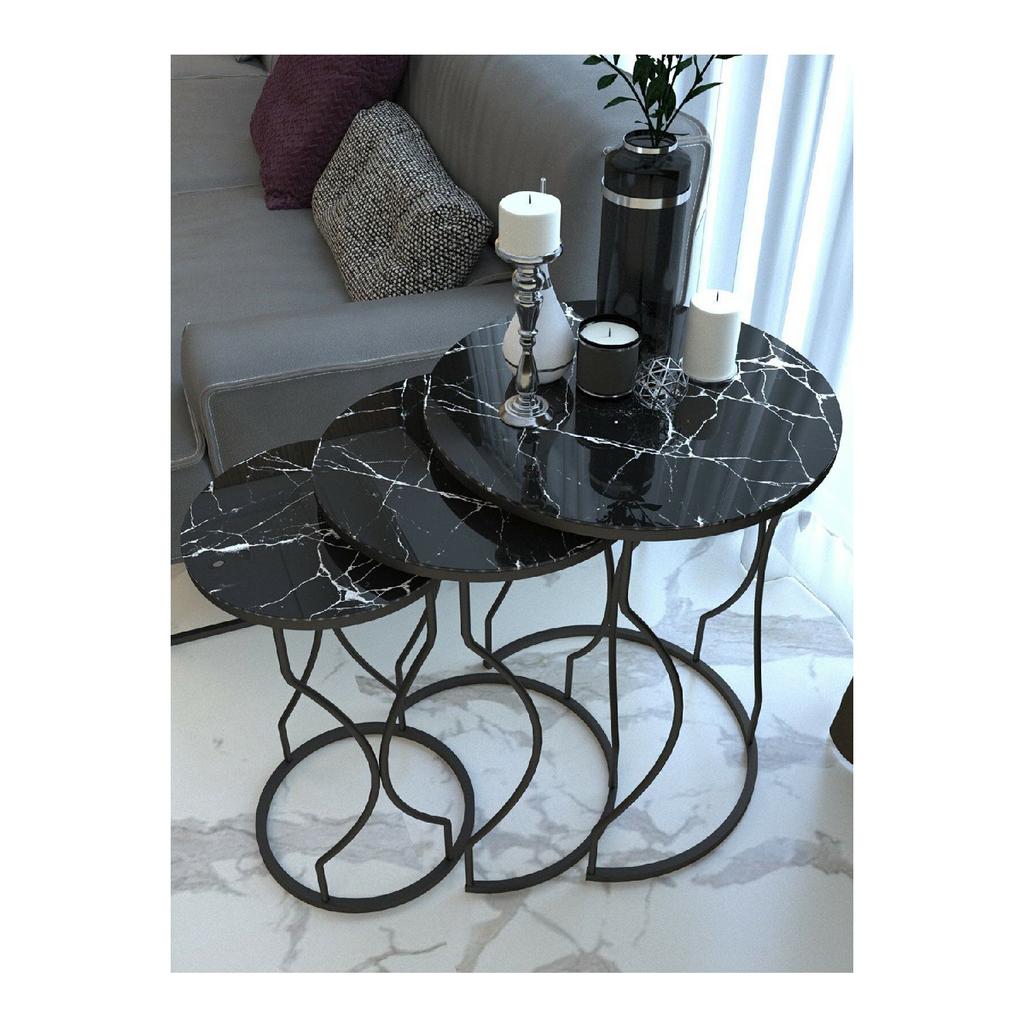 Dream Model Gold Metal Nesting Coffee Table Tempered Unbreakable Black-yellow Marble Pattern Glass